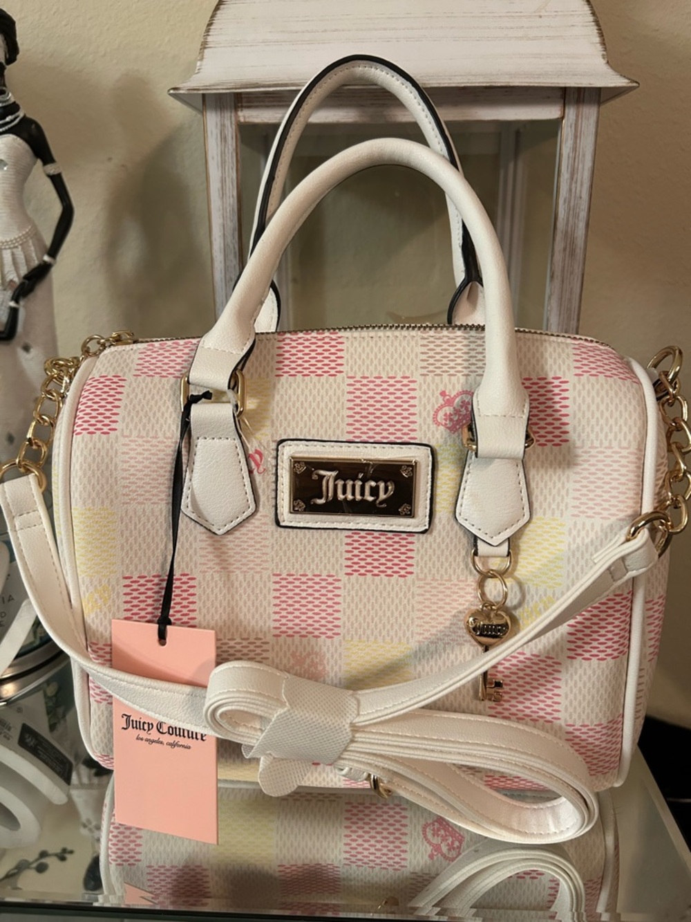 Juicy Couture Cream, Pink & Yellow Checker Satchel